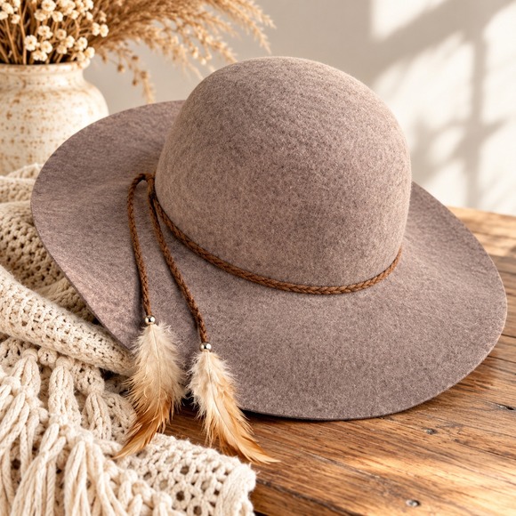 American Eagle Outfitters Accessories - American Eagle Outfitters Wool Felt Floppy Hat Taupe Mushroom Feather One Size